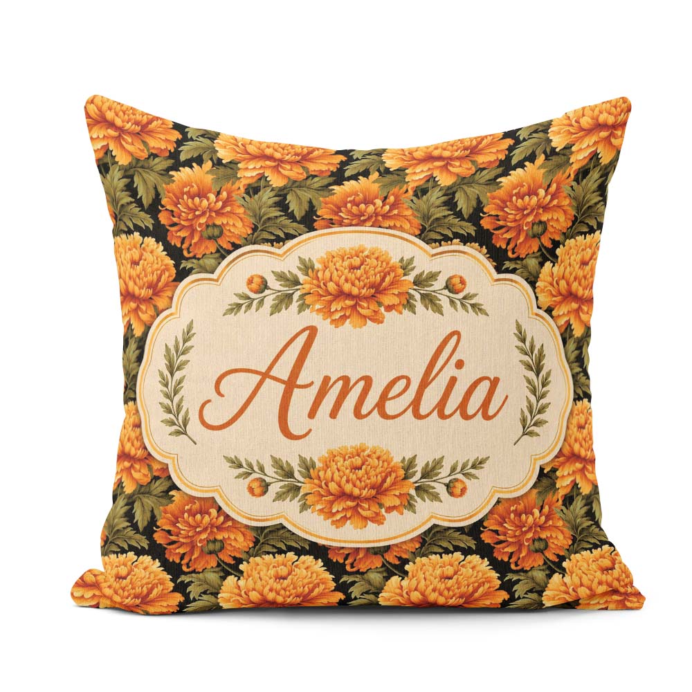 Custom Name Bold Orange Floral Seamless Pattern on Black Lovely Square Filled Cushion Throw Pillow Sofa Bed Home Decor Zip Washable UK Made