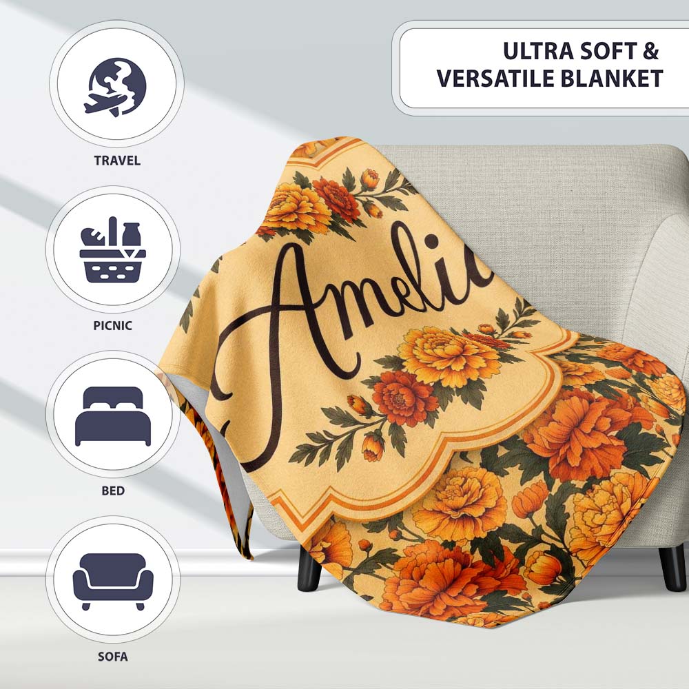 Vintage Orange Marigold Floral Seamless Pattern on Beige Background  Personalised Custom Name Super Soft Fleece Blanket Bed Sofa Throw