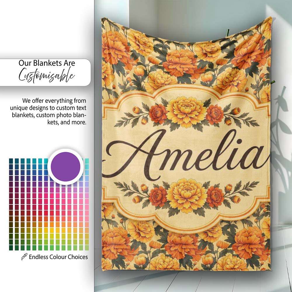 Vintage Orange Marigold Floral Seamless Pattern on Beige Background  Personalised Custom Name Super Soft Fleece Blanket Bed Sofa Throw