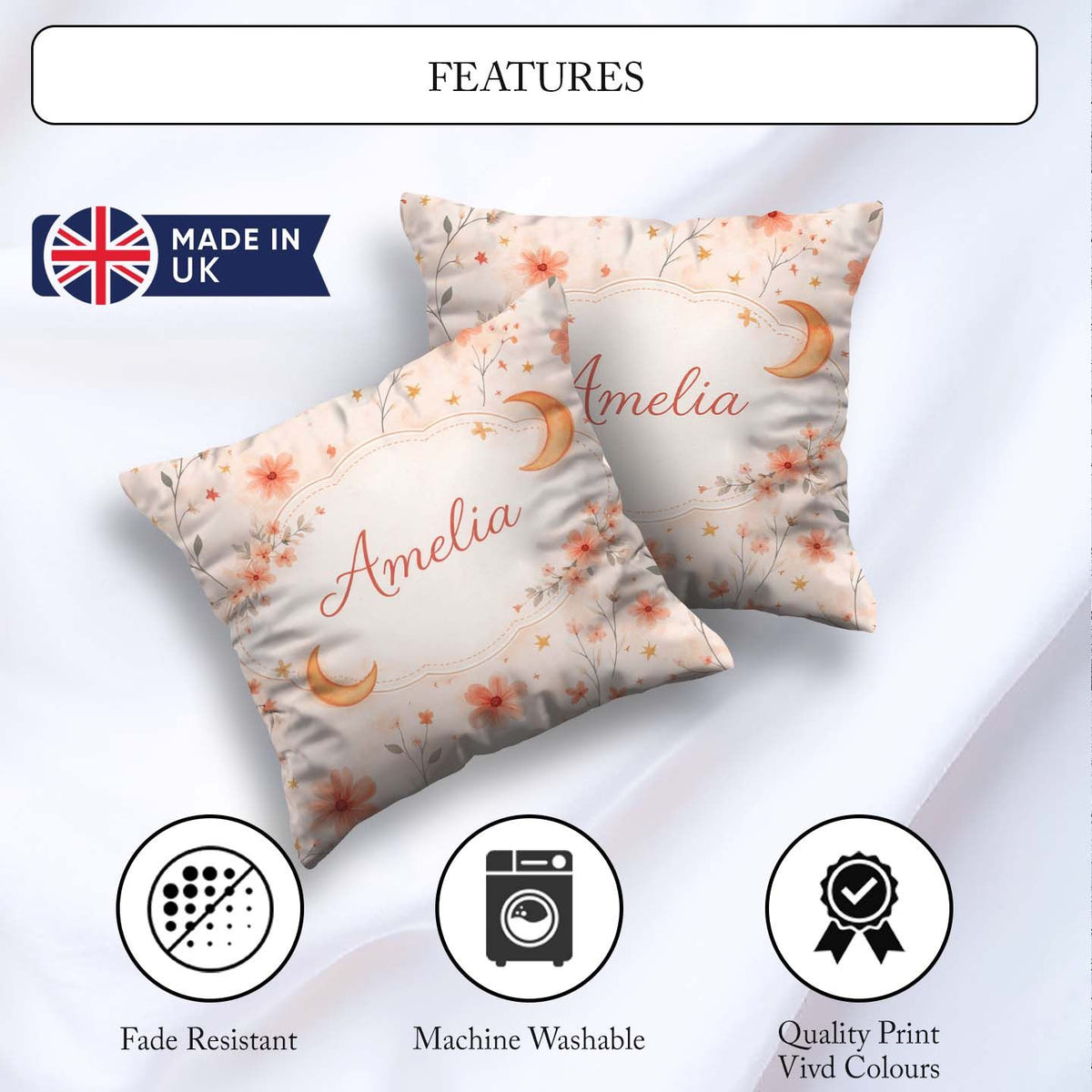 Custom Name Celestial Moon Floral Night Sky Seamless Watercolour Square Filled Cushion Throw Pillow Sofa Bed Home Decor Zip Washable UK Made