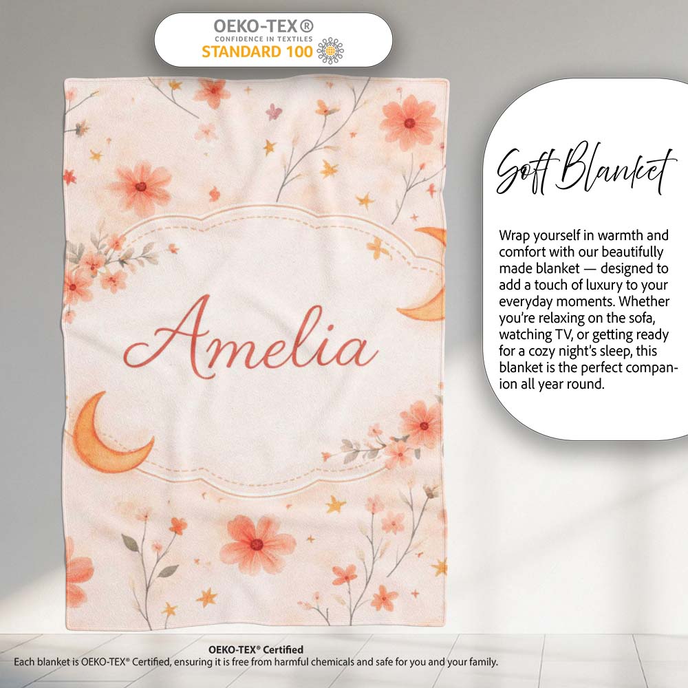 Celestial Moon Floral Night Sky Pattern Seamless Watercolour Design  Personalised Custom Name Super Soft Fleece Blanket Bed Sofa Throw