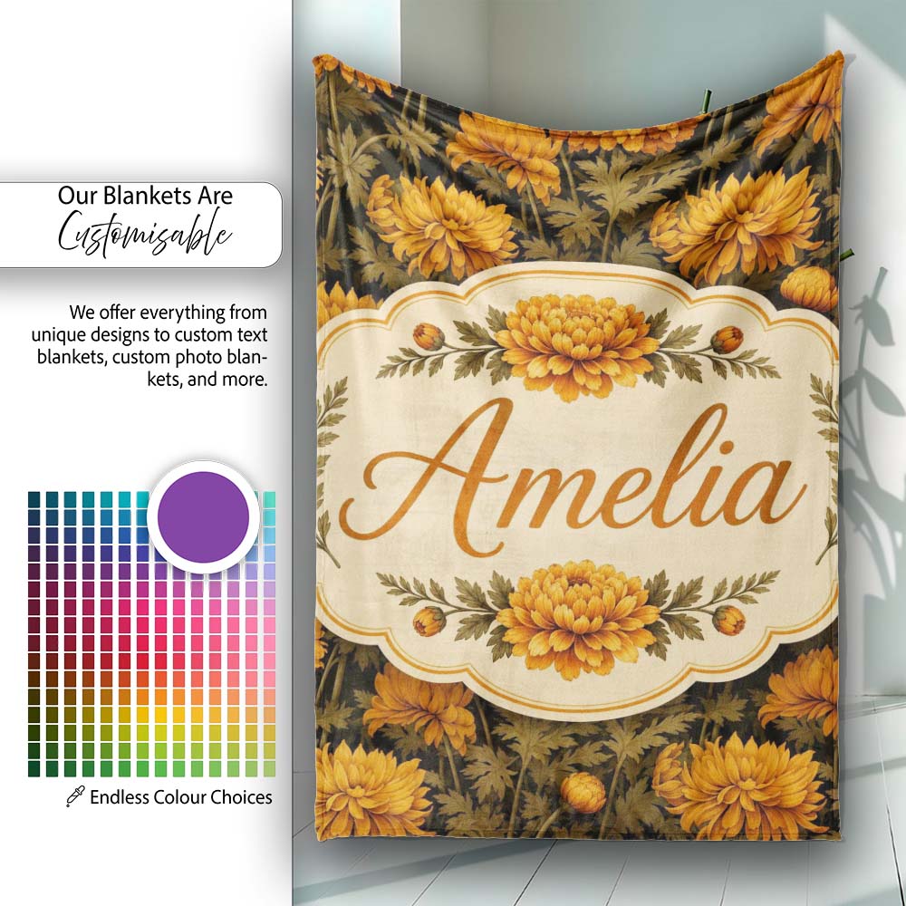 Dark Vintage Chrysanthemum Floral Seamless Pattern with Deep Tones  Personalised Custom Name Super Soft Fleece Blanket Bed Sofa Throw