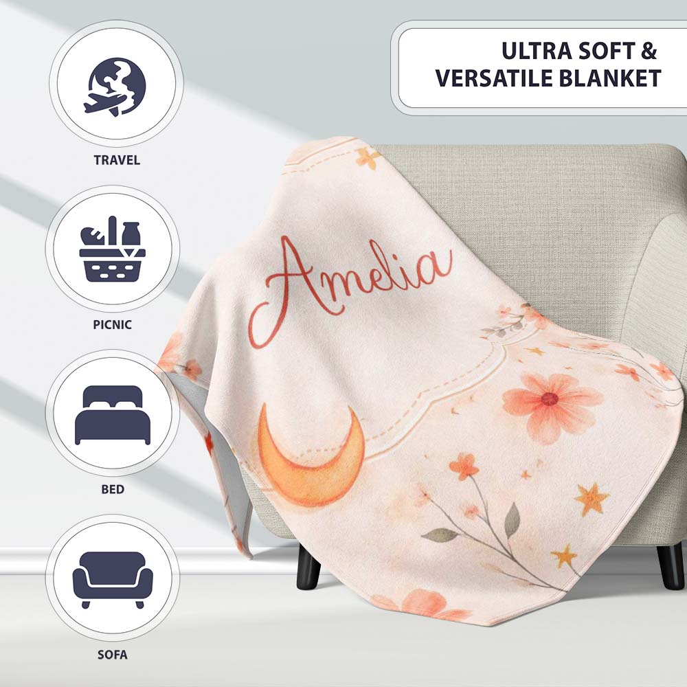 Celestial Moon Floral Night Sky Pattern Seamless Watercolour Design  Personalised Custom Name Super Soft Fleece Blanket Bed Sofa Throw