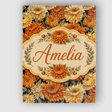 Personalised Name Orange and Cream Chrysanthemum Floral Seamless Creative Decorator Style Canvas Wall Art Print Decor Picture Ready to Hang