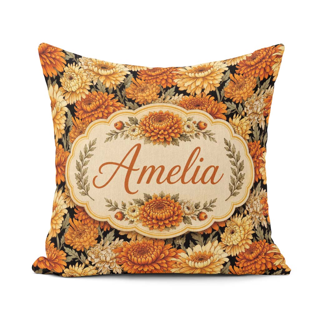 Custom Name Orange and Cream Floral Seamless Pattern on Black Square Filled Cushion Throw Pillow Sofa Bed Home Decor Zip Washable UK Made