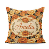 Custom Name Orange and Cream Floral Seamless Pattern on Black Square Filled Cushion Throw Pillow Sofa Bed Home Decor Zip Washable UK Made
