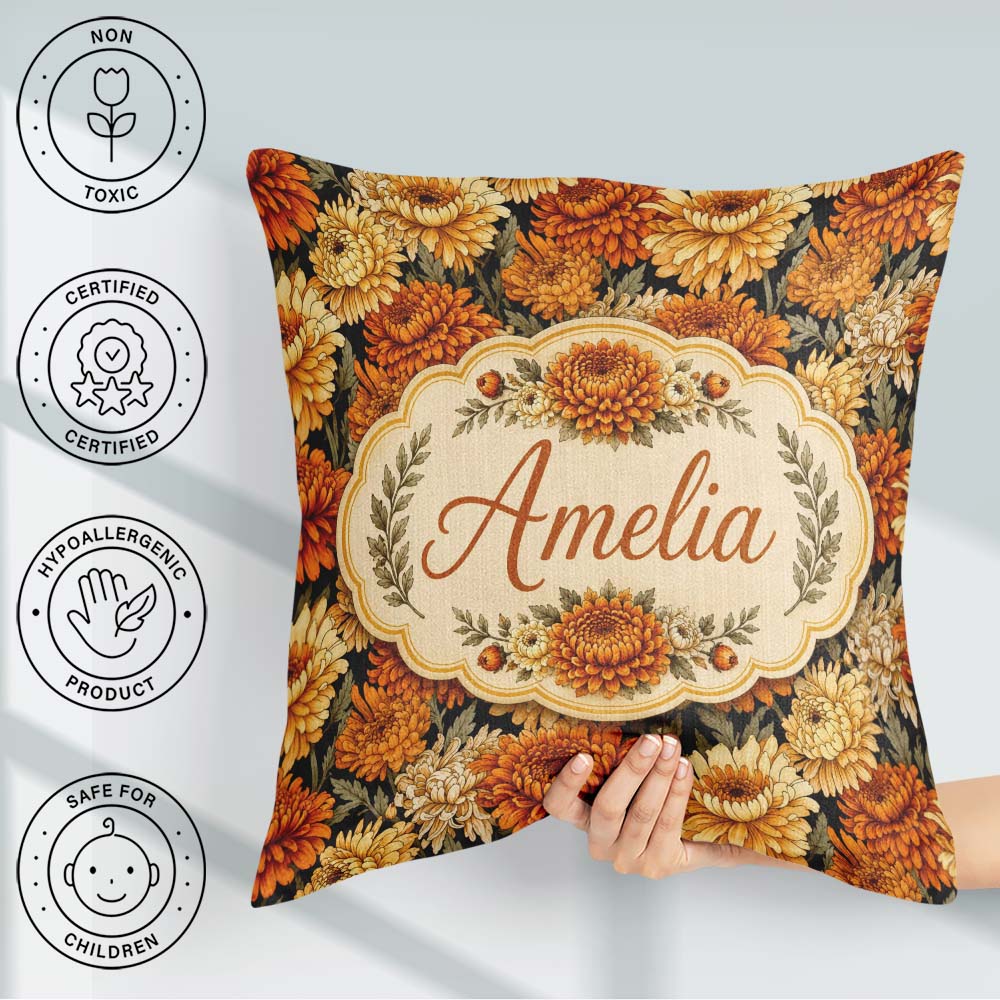Custom Name Orange and Cream Floral Seamless Pattern on Black Square Filled Cushion Throw Pillow Sofa Bed Home Decor Zip Washable UK Made