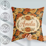 Custom Name Orange and Cream Floral Seamless Pattern on Black Square Filled Cushion Throw Pillow Sofa Bed Home Decor Zip Washable UK Made