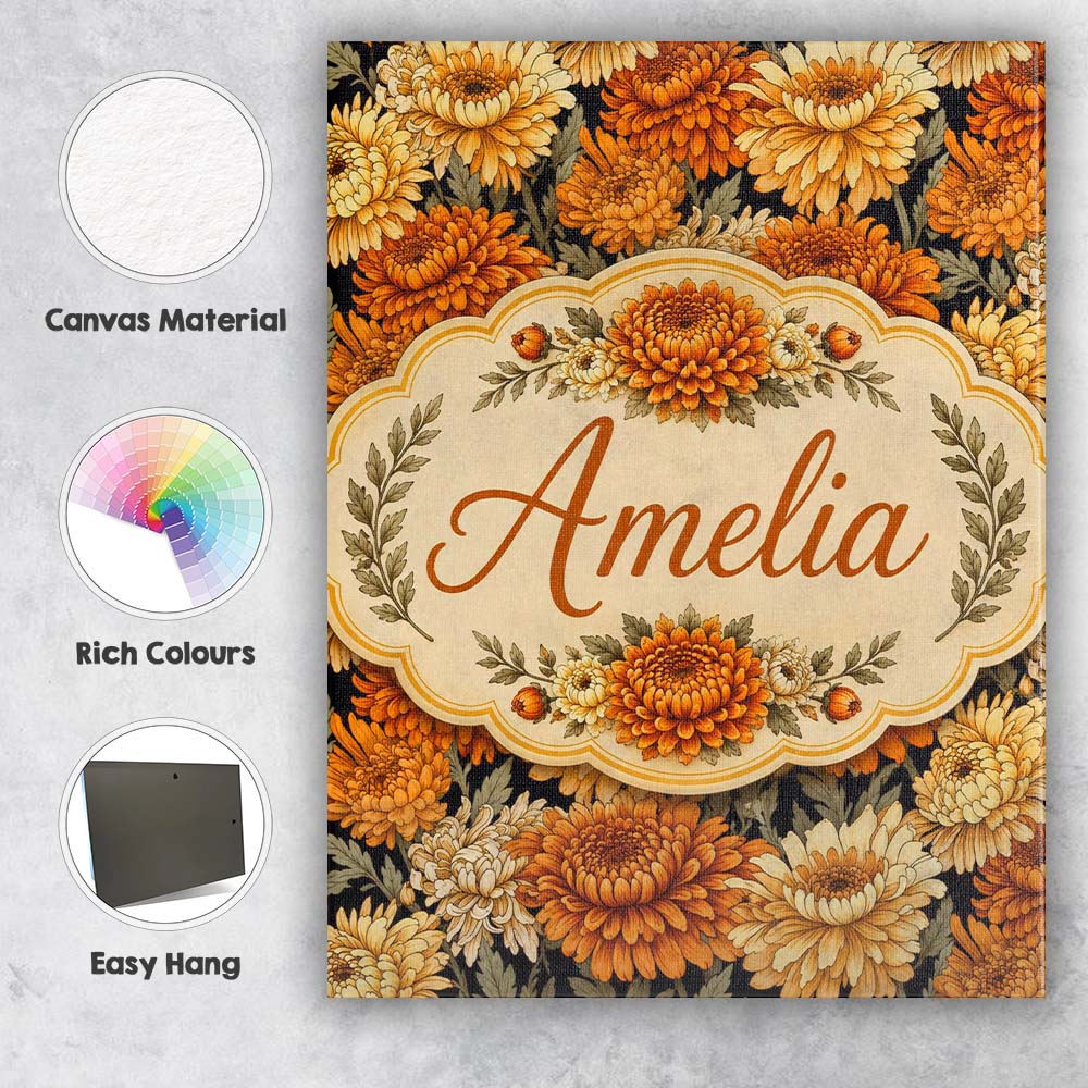 Personalised Name Orange and Cream Chrysanthemum Floral Seamless Creative Decorator Style Canvas Wall Art Print Decor Picture Ready to Hang