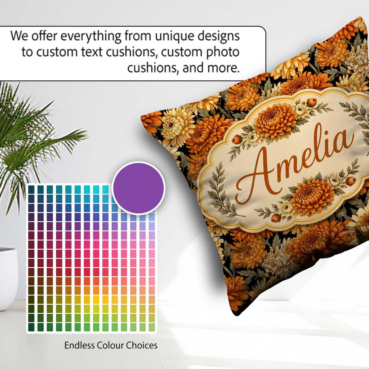 Custom Name Orange and Cream Floral Seamless Pattern on Black Square Filled Cushion Throw Pillow Sofa Bed Home Decor Zip Washable UK Made