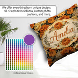 Custom Name Orange and Cream Floral Seamless Pattern on Black Square Filled Cushion Throw Pillow Sofa Bed Home Decor Zip Washable UK Made