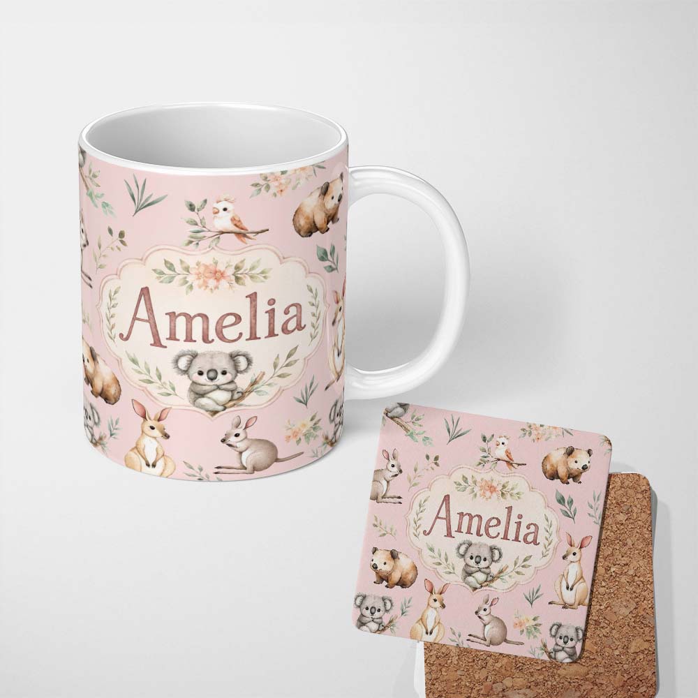 Personalized Custom Name Woodland Animals Koala Kangaroo Bear Floral Blush Pink Seamless 11oz Ceramic Coffee Tea Mug White Large Handle