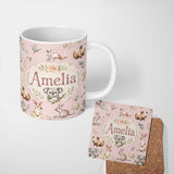 Personalized Custom Name Woodland Animals Koala Kangaroo Bear Floral Blush Pink Seamless 11oz Ceramic Coffee Tea Mug White Large Handle