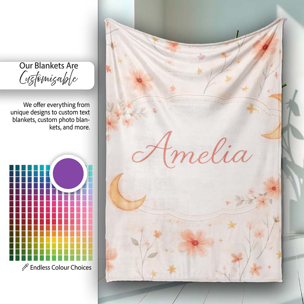 Celestial Moon Floral Night Sky Pattern Seamless Watercolour Design  Personalised Custom Name Super Soft Fleece Blanket Bed Sofa Throw