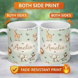 Personalized Custom Name Safari Animals with Elephant Lion and Leopard Cub Soft Sage Green 11oz Ceramic Coffee Tea Mug White Large Handle
