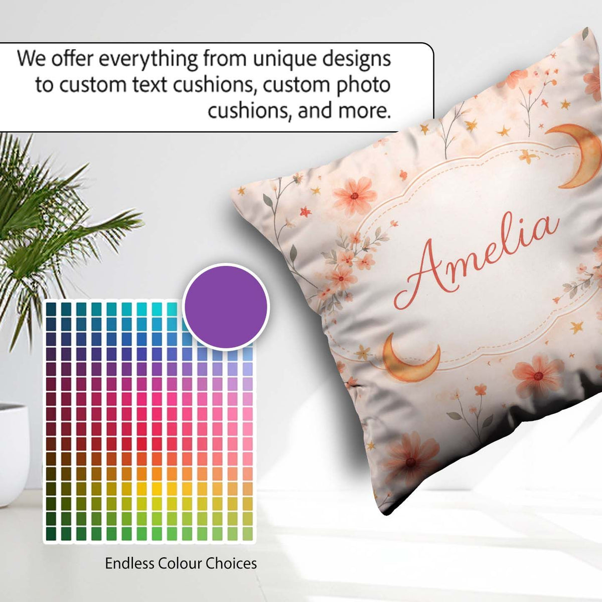 Custom Name Celestial Moon Floral Night Sky Seamless Watercolour Square Filled Cushion Throw Pillow Sofa Bed Home Decor Zip Washable UK Made