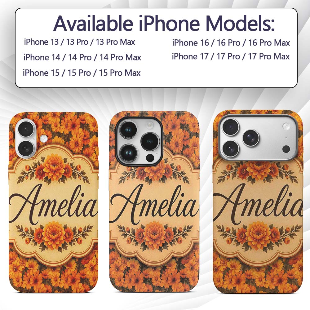 Dense Orange Marigold Floral Seamless Pattern Custom Name Protective Phone Case Mobile Cover Durable Everyday Smartphone Shock Resistant