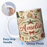 Personalized Custom Name Vintage Christmas Baubles Holly Leaves Pine Branches and Festive 11oz Ceramic Coffee Tea Mug White Large Handle