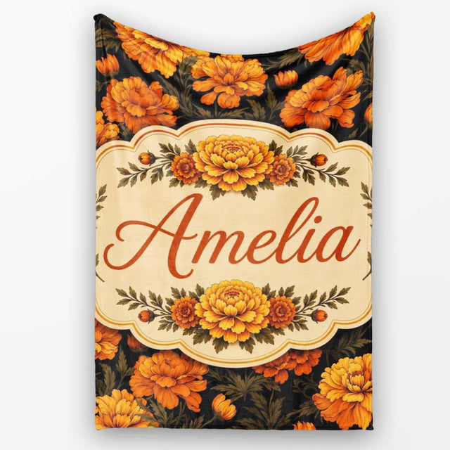 Orange Blossom Floral Seamless Pattern on Black Background Vintage  Personalised Custom Name Super Soft Fleece Blanket Bed Sofa Throw
