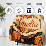 Orange Blossom Floral Seamless Pattern on Black Background Vintage  Personalised Custom Name Super Soft Fleece Blanket Bed Sofa Throw