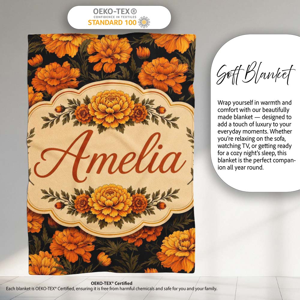 Orange Blossom Floral Seamless Pattern on Black Background Vintage  Personalised Custom Name Super Soft Fleece Blanket Bed Sofa Throw