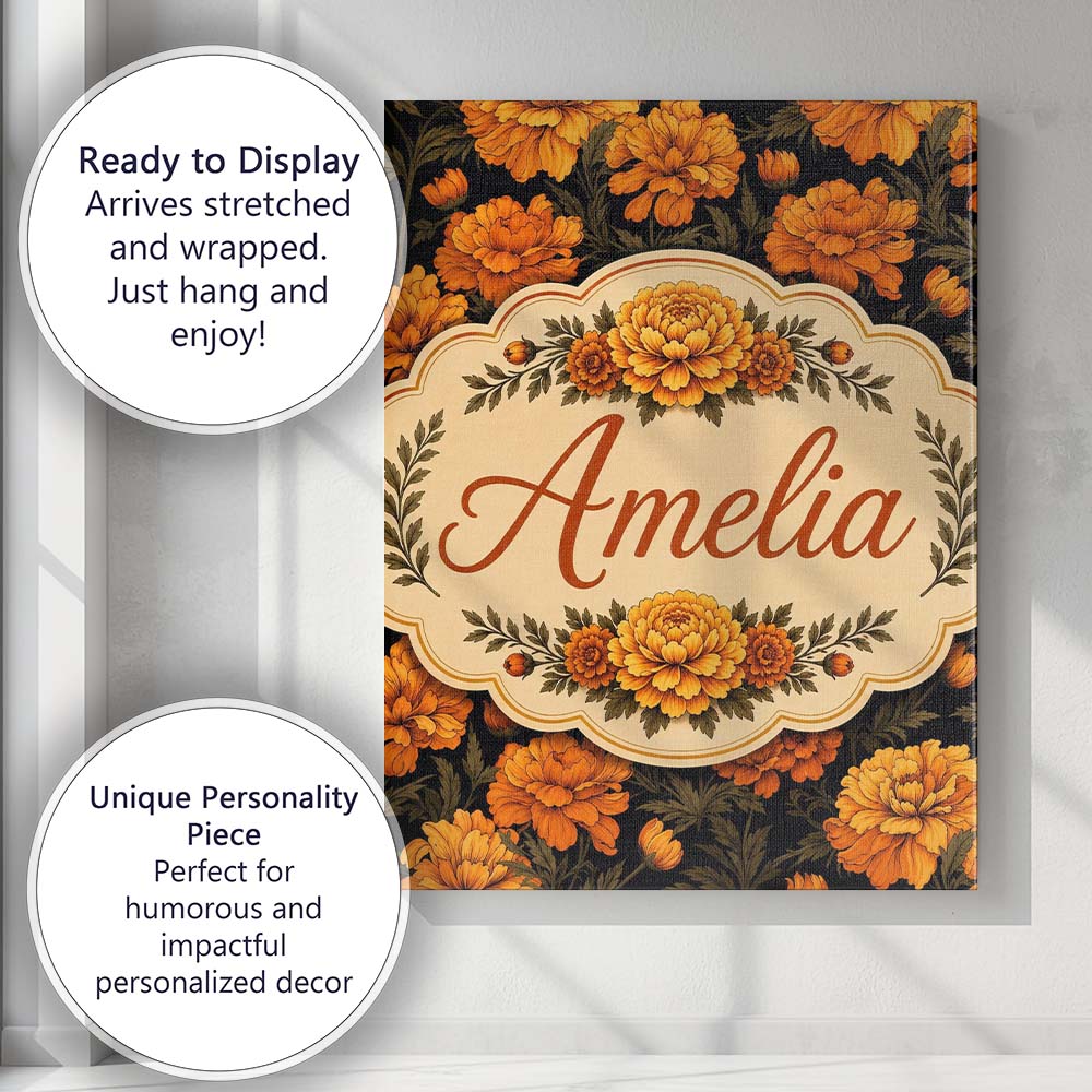 Personalised Name Orange Blossom Floral Custom  Modern Room Accent Elegant Feature Canvas Wall Art Print Decor Picture Ready to Hang