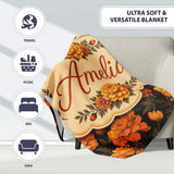 Orange Blossom Floral Seamless Pattern on Black Background Vintage  Personalised Custom Name Super Soft Fleece Blanket Bed Sofa Throw