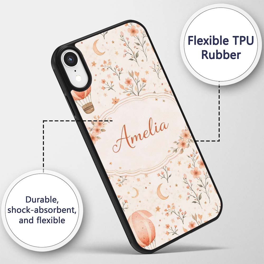 Watercolor Hot Air Balloon Floral Printed Design Custom Name Protective Phone Case Mobile Cover Durable Everyday Smartphone Shock Resistant