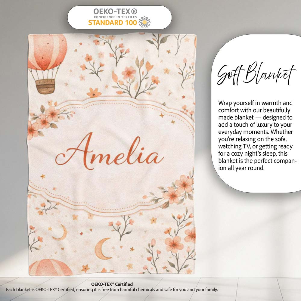 Watercolor Hot Air Balloon Floral Botanical Seamless Pattern Lovely  Personalised Custom Name Super Soft Fleece Blanket Bed Sofa Throw