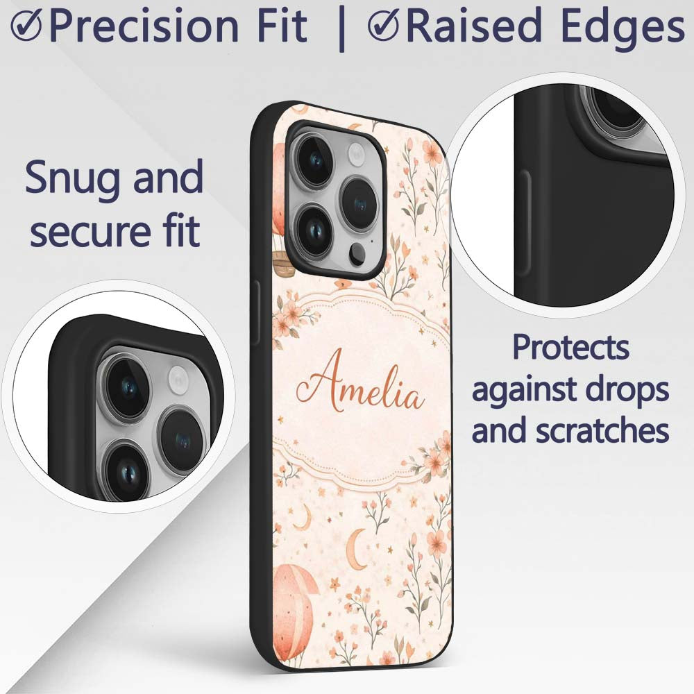 Watercolor Hot Air Balloon Floral Printed Design Custom Name Protective Phone Case Mobile Cover Durable Everyday Smartphone Shock Resistant