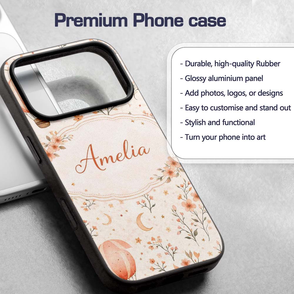Watercolor Hot Air Balloon Floral Printed Design Custom Name Protective Phone Case Mobile Cover Durable Everyday Smartphone Shock Resistant