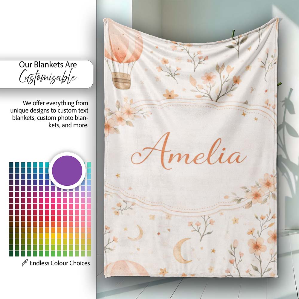Watercolor Hot Air Balloon Floral Botanical Seamless Pattern Lovely  Personalised Custom Name Super Soft Fleece Blanket Bed Sofa Throw