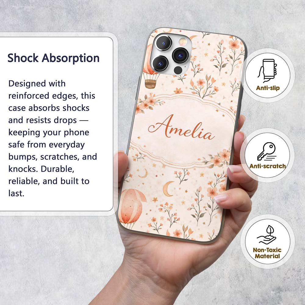 Watercolor Hot Air Balloon Floral Printed Design Custom Name Protective Phone Case Mobile Cover Durable Everyday Smartphone Shock Resistant