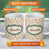 Personalized Custom Name Soft Pastel Coffee Cups Cute Repeating Seamless Pattern Lovely 11oz Ceramic Coffee Tea Mug White Large Handle