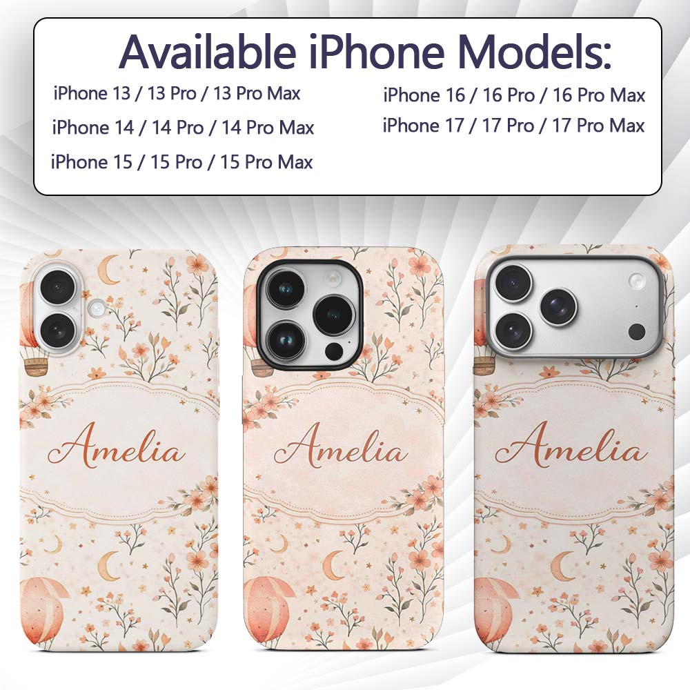 Watercolor Hot Air Balloon Floral Printed Design Custom Name Protective Phone Case Mobile Cover Durable Everyday Smartphone Shock Resistant