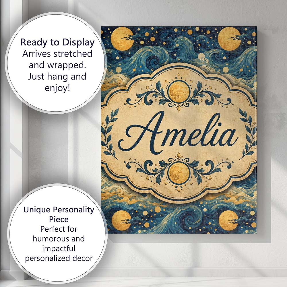 Personalised Name Ocean Waves and Moon Custom  Modern Room Accent Elegant Feature Canvas Wall Art Print Decor Picture Ready to Hang
