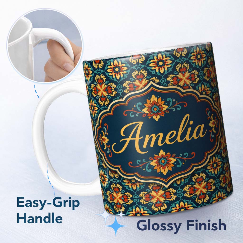 Personalized Custom Name Teal and Mustard Ornate Floral Tile Pattern with Symmetrical Vintage 11oz Ceramic Coffee Tea Mug White Large Handle