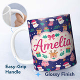 Personalized Custom Name Cute Santa Reindeer Gift Christmas Tree Seamless Pattern Lovely 11oz Ceramic Coffee Tea Mug White Large Handle