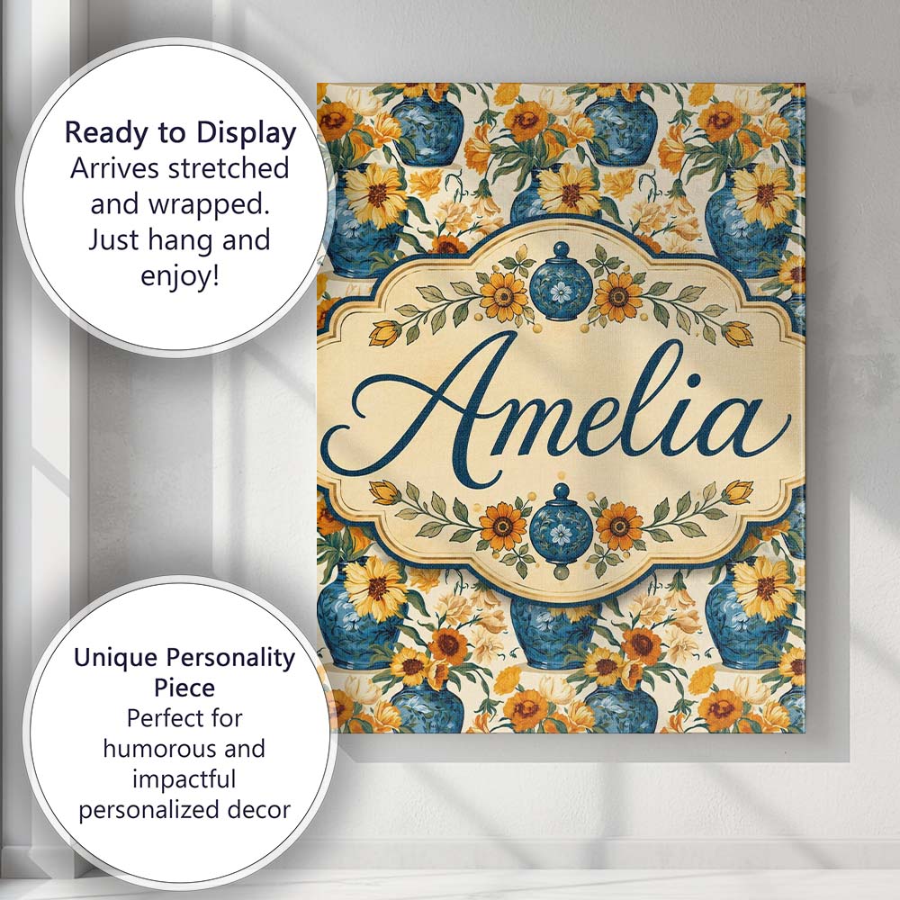 Personalised Name Blue Vase with Orange Custom  Modern Room Accent Elegant Feature Canvas Wall Art Print Decor Picture Ready to Hang