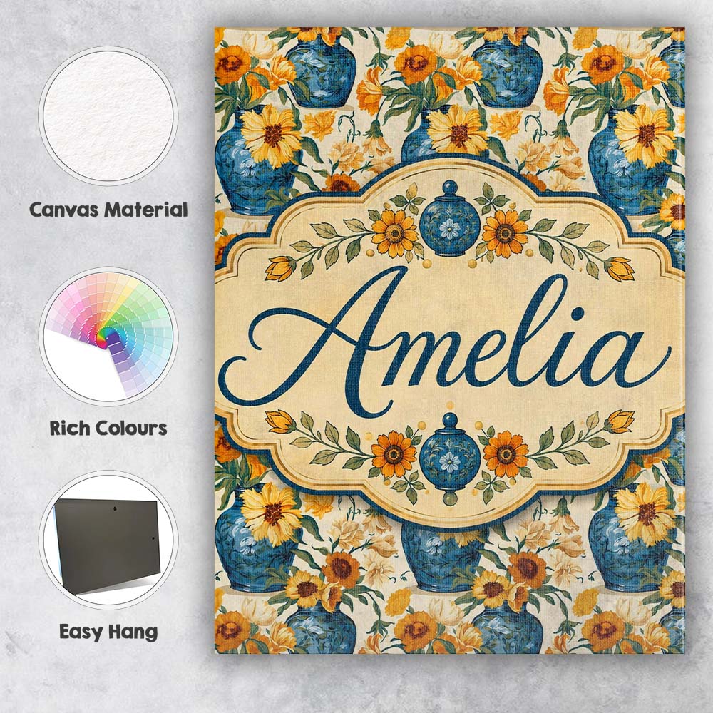 Personalised Name Blue Vase with Orange Custom  Modern Room Accent Elegant Feature Canvas Wall Art Print Decor Picture Ready to Hang