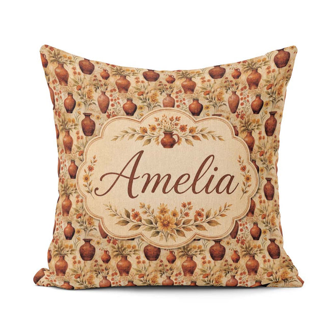 Custom Name Rustic Terracotta Vase Floral Seamless Botanical Art Square Filled Cushion Throw Pillow Sofa Bed Home Decor Zip Washable UK Made