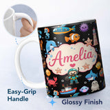 Personalized Custom Name Cartoon Ocean with Various Sea Creatures on Light Grey Background 11oz Ceramic Coffee Tea Mug White Large Handle