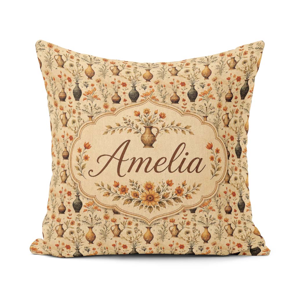 Custom Name Antique Floral Vase Seamless Pattern Classic Pottery Square Filled Cushion Throw Pillow Sofa Bed Home Decor Zip Washable UK Made
