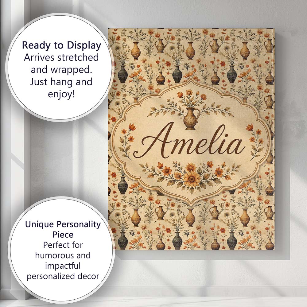Personalised Name Antique Floral Vase Custom Modern Room Accent Creative Decorator Style Canvas Wall Art Print Decor Picture Ready to Hang