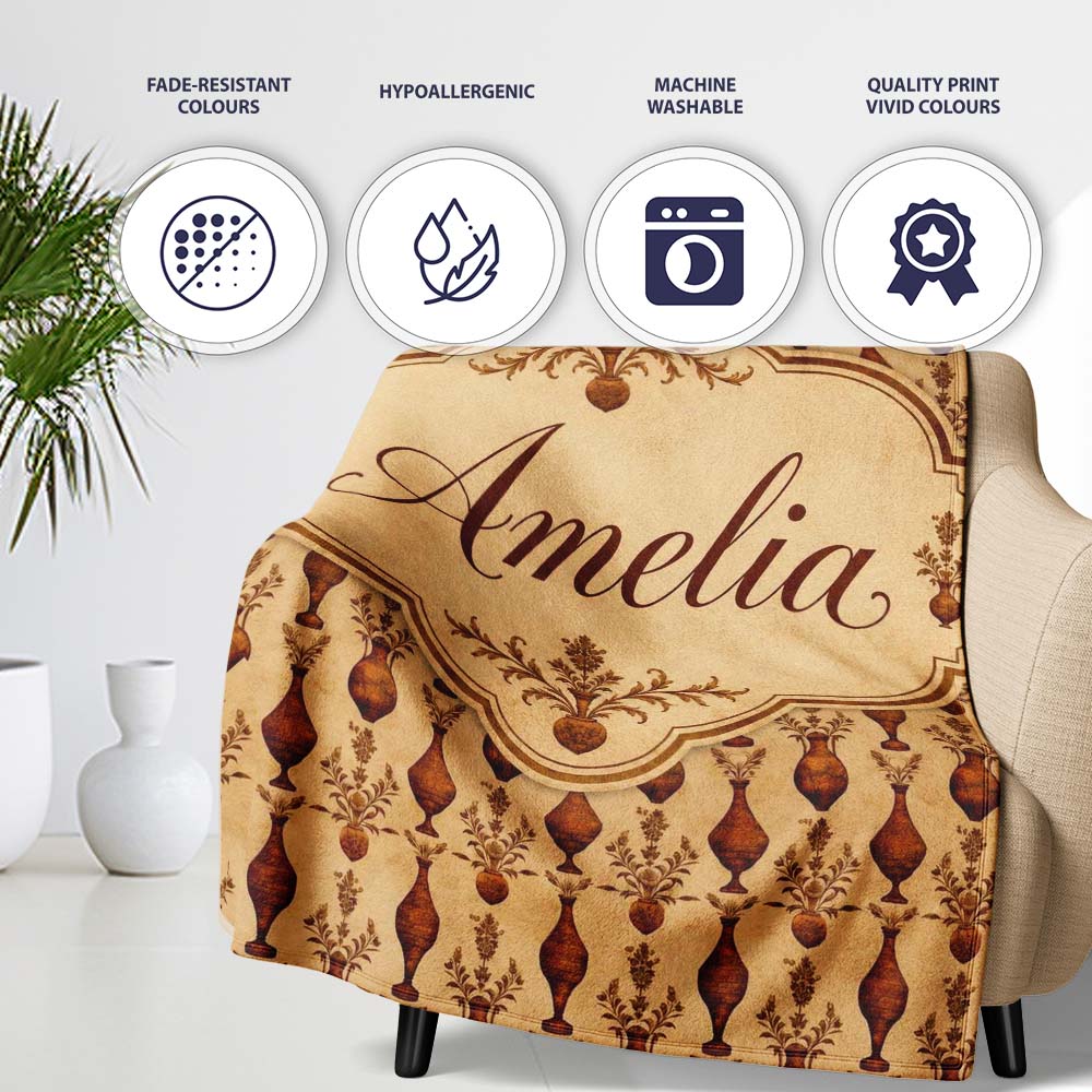 Classic Brown Vase Pattern Repeating Vintage Pottery Botanical  Personalised Custom Name Super Soft Fleece Blanket Bed Sofa Throw