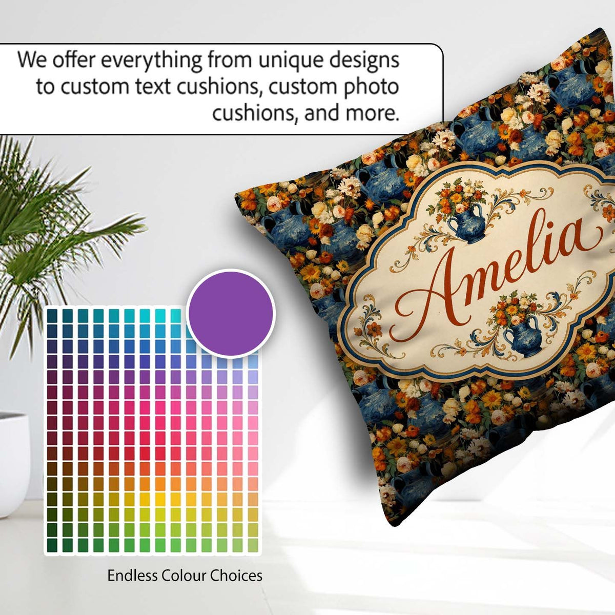 Custom Name Dark Blue Vase Floral Arrangement Seamless Botanical Square Filled Cushion Throw Pillow Sofa Bed Home Decor Zip Washable UK Made