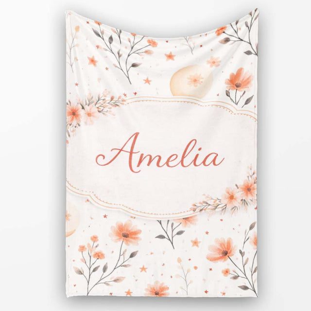 Watercolor Peach Floral Moon Star Botanical Seamless Pattern Lovely  Personalised Custom Name Super Soft Fleece Blanket Bed Sofa Throw