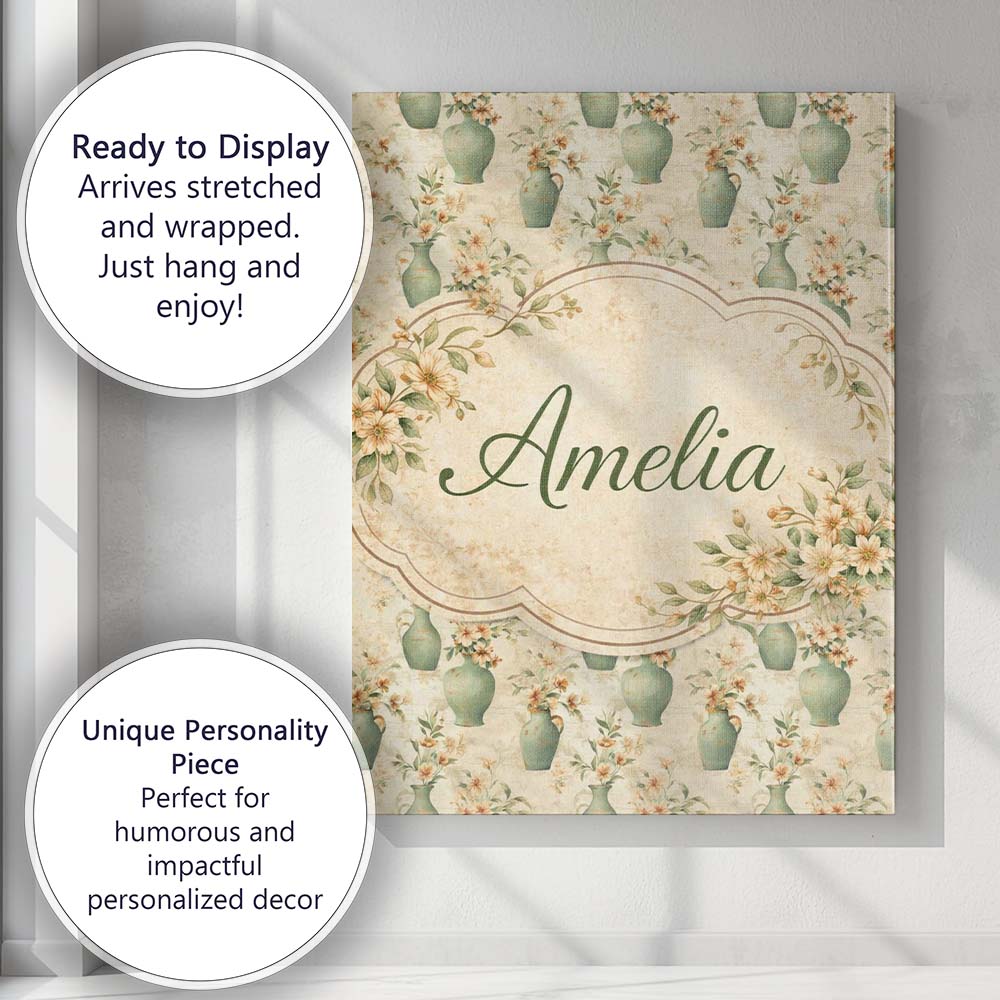 Personalised Name Soft Green Vase Floral Custom  Unique Gift Idea Elegant Feature Canvas Wall Art Print Decor Picture Ready to Hang