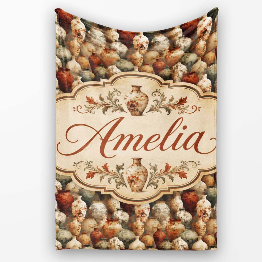 Rustic Aged Ceramic Vase Pattern in Earthy Tones Vintage Pottery  Personalised Custom Name Super Soft Fleece Blanket Bed Sofa Throw