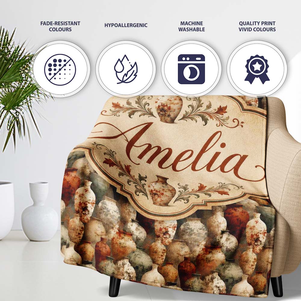 Rustic Aged Ceramic Vase Pattern in Earthy Tones Vintage Pottery  Personalised Custom Name Super Soft Fleece Blanket Bed Sofa Throw